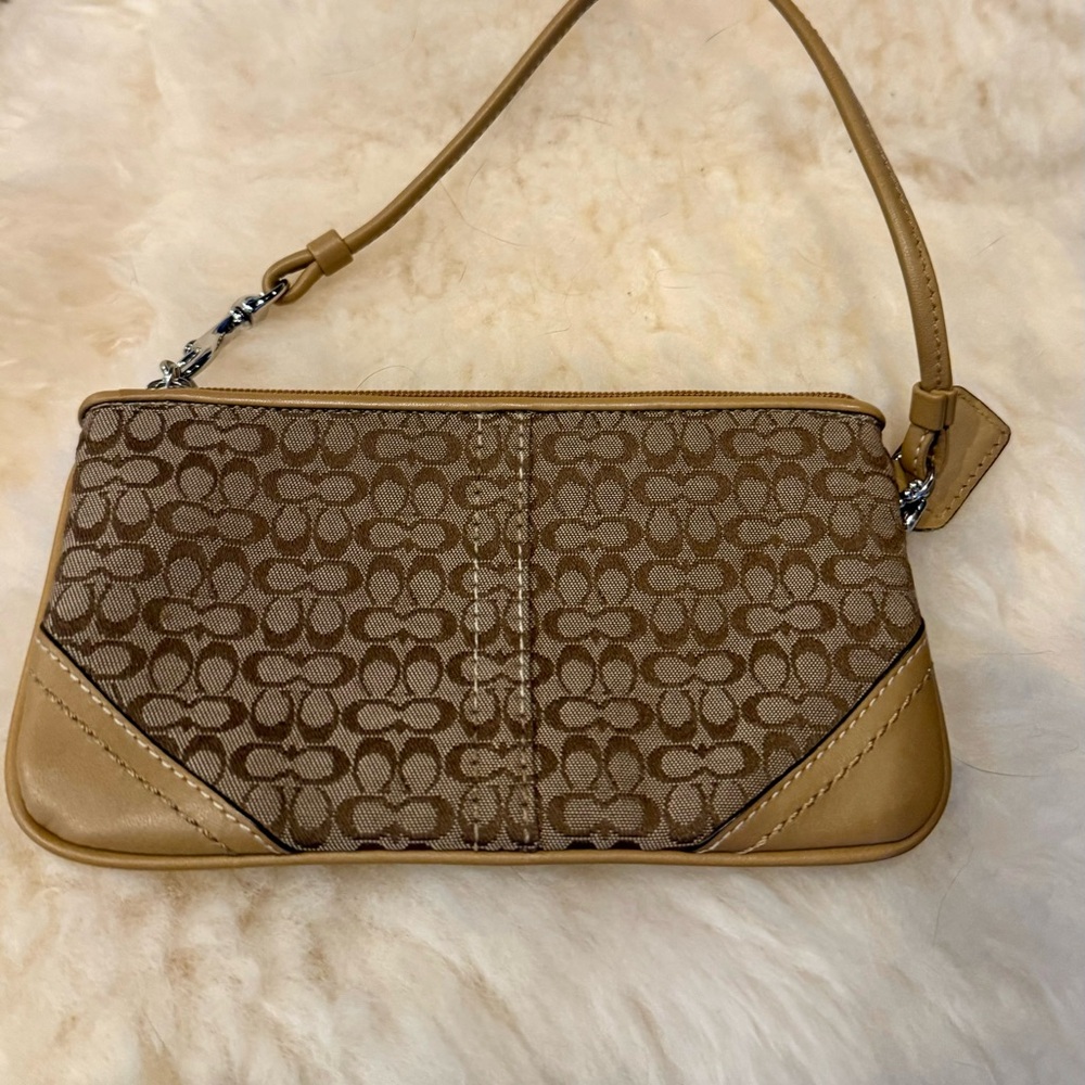 Coach Corner Zip Wristlet Eat 1941 Canvas and leather trim in camel color